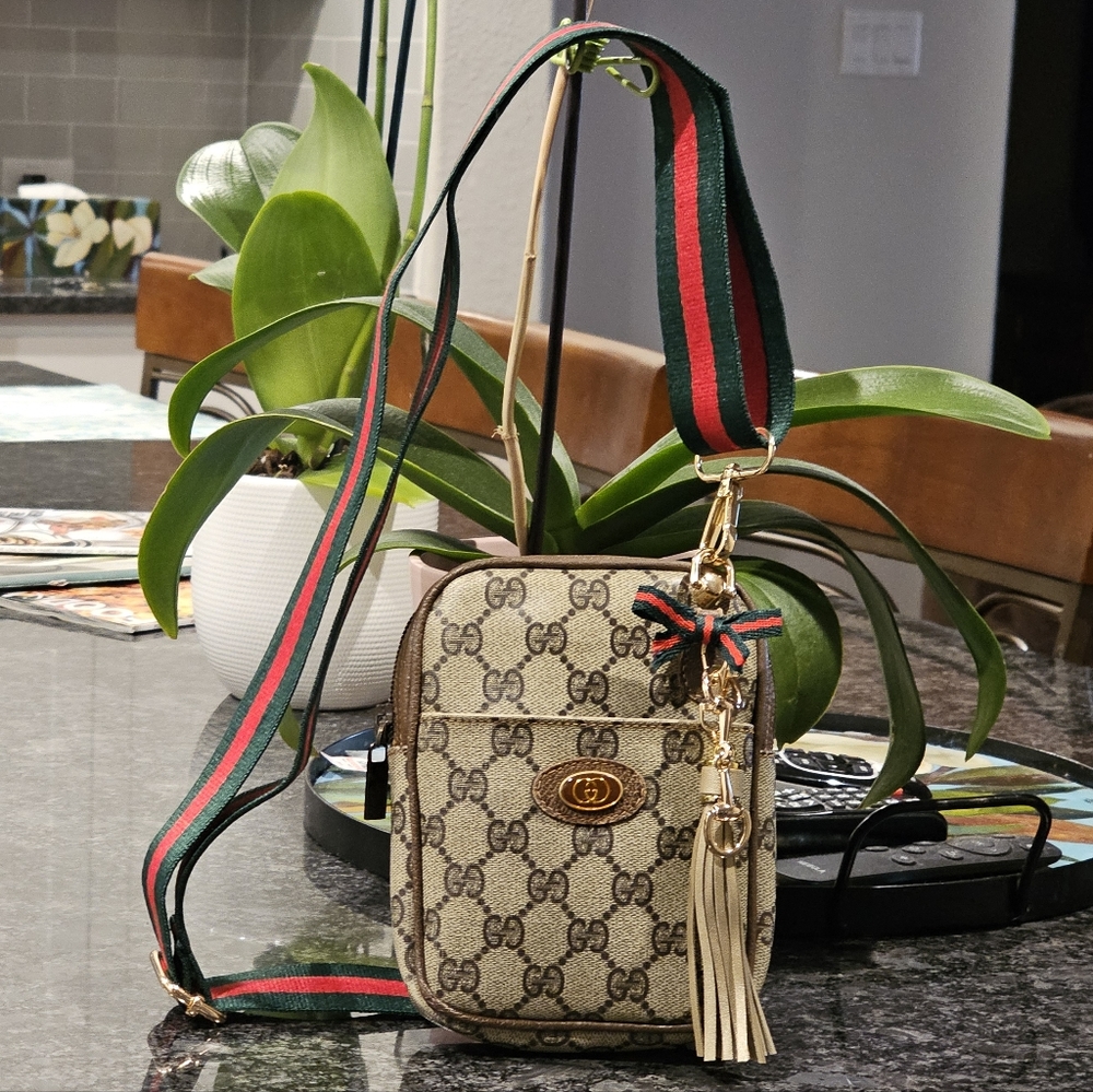 Gucci GG Monogram Web Crossbody Bag w/Sherry Line Strap & Charms Added